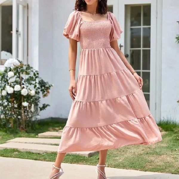 Vestidos casuais rosa princesa saia bolha mangas curtas manga longa moda feminina cor sólida pescoço quadrado sem vestido de dobra traseira