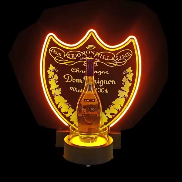 Night Club Party Bar Gold VIP Dom Perignon Shield Espositore per champagne Portabottiglie LED Portabottiglie Insegna di servizio Presentatore Neon Glorifier