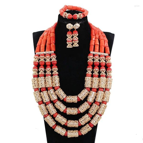 Colar brincos conjunto de luxo 4 camadas contas coral completo real frisado jóias casamento dubai africano festa traje jóias cnr727