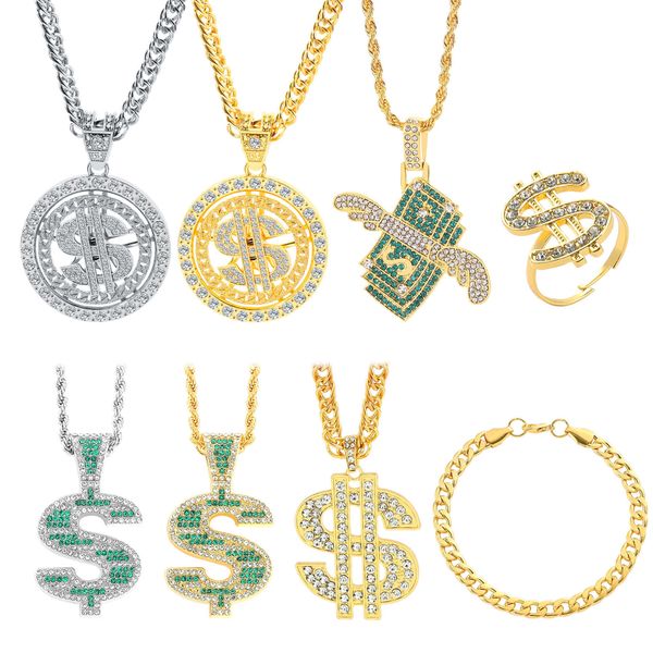 US-Dollar-Symbol, 18 Karat Goldmünze, rotierende Halskette, Hip-Hop, kubanische Kette, Persönlichkeit, Hip-Hop-Herren-Halskette, Mode-Accessoires