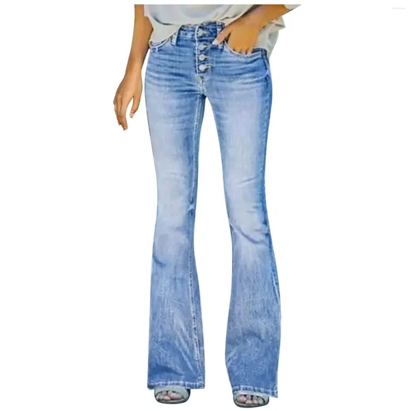 Jeans da donna Donna Taglie forti Pantaloni da ufficio da donna a gamba larga Bottoni a vita alta sbiancati Pantaloni a zampa slim fit Palazzo Donna S-5XL