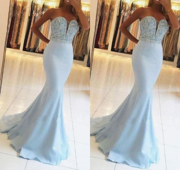 Brilhante azul querida vestido de noite elegante até o chão frisado zíper voltar sereia vestido de baile sem mangas robe de soiree9028266