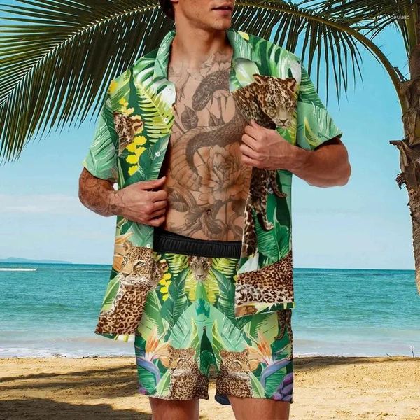 Tute da uomo Cardigan hawaiano 2 pezzi Set Estate 3D stampa leopardata Camicia a maniche corte con bottoni Pantaloncini da spiaggia Vacanza quotidiana Abito a due pezzi