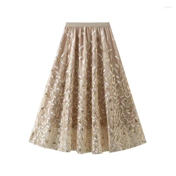 Gonne Per donna Con strass Ricamo a foglie Gonna lunga Rete larga Versatile Fata Mezza linea Alla moda Per tutte le stagioni