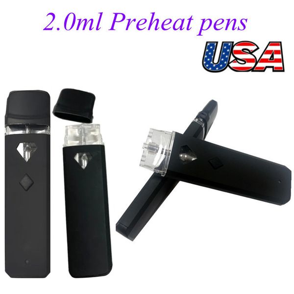 USA STOCK 2ml Pré-aquecimento Vape Pen Vazio Descartável E-cigarro Vaporizadores Diamantes Janela de visualização 2 gramas Pods Bobina de cerâmica Carrinhos de óleo grosso Bateria recarregável de 320mAh