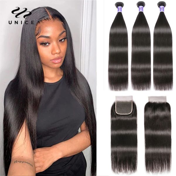 Verschluss Unice Haar Kostenloser Versand Peruanisches Reines Haar Mit Verschluss 3 Bundles Peruanisches Glattes Haar Tressen 12A Grade Peruanisches Mittelteil