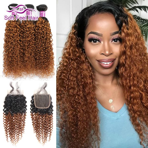 Fechamento macio sentir cabelo ombre brasileiro kinky encaracolado tecer cabelo humano 3/4 pacotes com fechamento t1b/30 ombre pacotes com fechamento remy cabelo