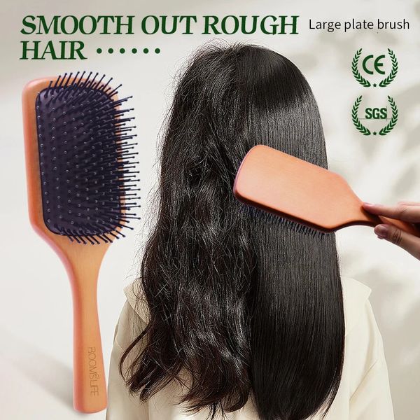 Escova de cabelo desembaraçadora de remo quadrado mulheres cabeça couro cabeludo escova de massagem pente de dente largo para cabelo grande almofada de ar escova de cabelo de madeira de bordo 240322