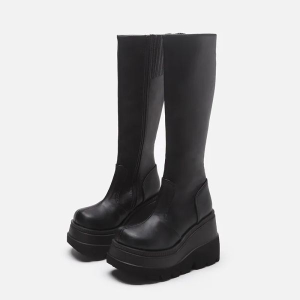 Stiefel 2023 Plattform Heels Lange Stiefel Plattform Stiefel für Frauen Keile Knie hohe schwarze Reißverschluss Gothic Stiefel Mädchen Fashion Punk Schuhe