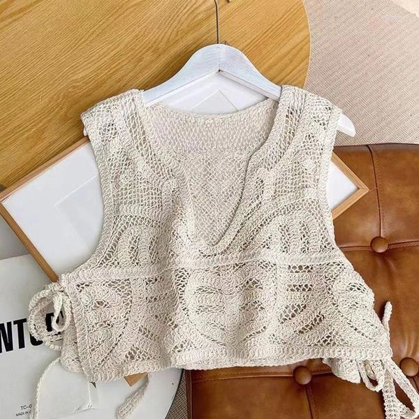 Canottiere da donna Donna Estate Hollow Crochet Maglia Maglione Gilet Gilet Sexy Scollo a V Spacco laterale Fasciatura Senza maniche Crop per Canotta