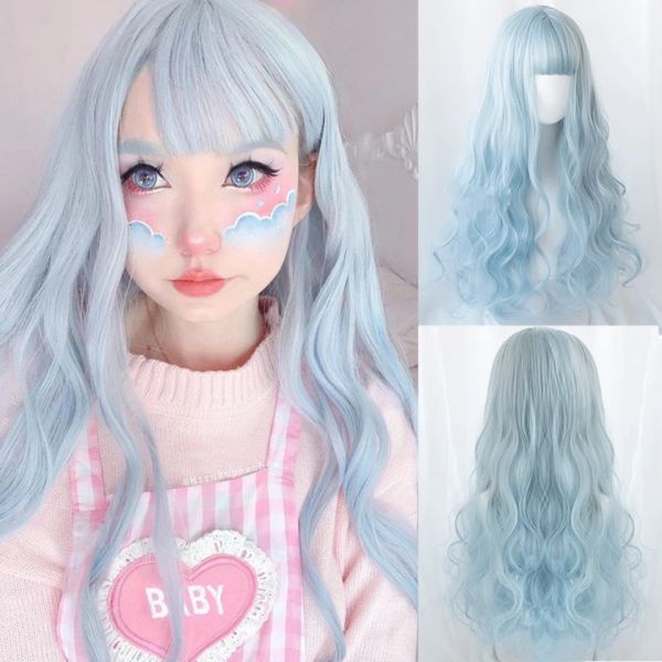 Perucas HOUYAN Longo ondulado cabelo encaracolado peruca sintética rosa verde gradiente menina franja Lolita peruca Cosplay com cabelo sintético resistente ao calor w