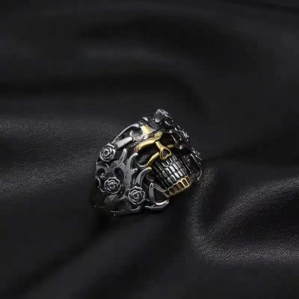 Crânio rosa demônio anel masculino moto equitação vintage goth punk 14k anel de ouro branco moda halloween hip hop rock jóias