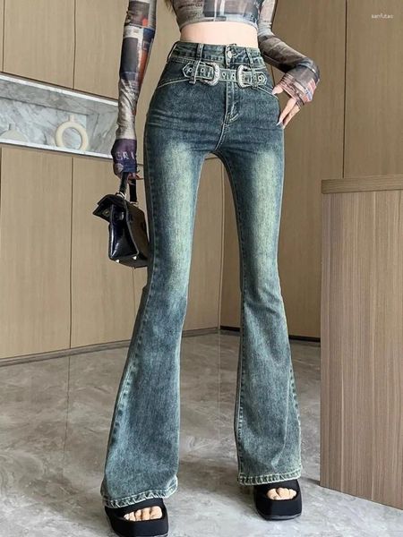 Jeans da donna American Washed Micro-flare Donna Y2K Retro Streetwear Moda Ragazze Casual Slim Pantaloni a vita alta