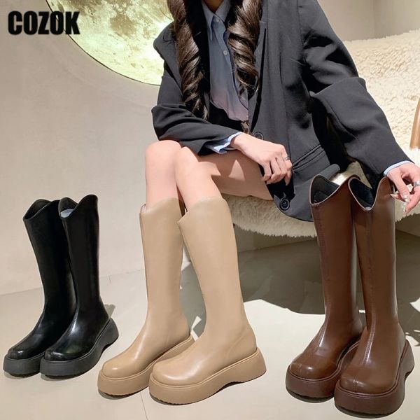 Botas de joelho botas altas para mulheres outono inverno 2023 fêmea de grossa de grossa nova apartamento zíper do cavaleiro de bota longa sapatos femininos de zíper moderno chic chic