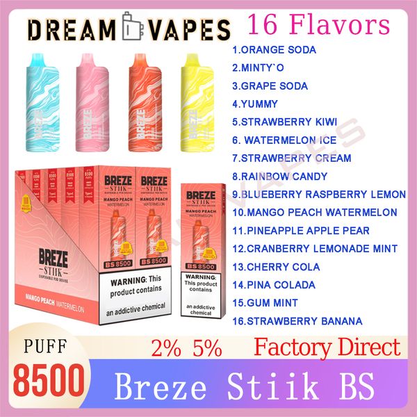 Original Breze Stiik BS8500 Descartável E Cigarro 17ml Pods Per-cheios Mini Caixa 600mAh Bateria Recarregável 2% 5% Puffs 8500 Vape Pen