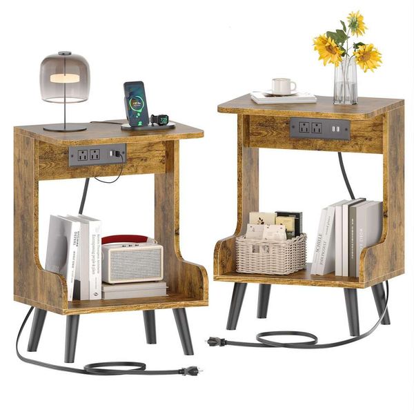 GYIIYUO Комплект из 2 предметов, зарядная станция, прикроватный столик с открытой деревянной рамой, ножки, приставной столик из цельного дерева для спальни, небольшое пространство, сельский коричневый цвет