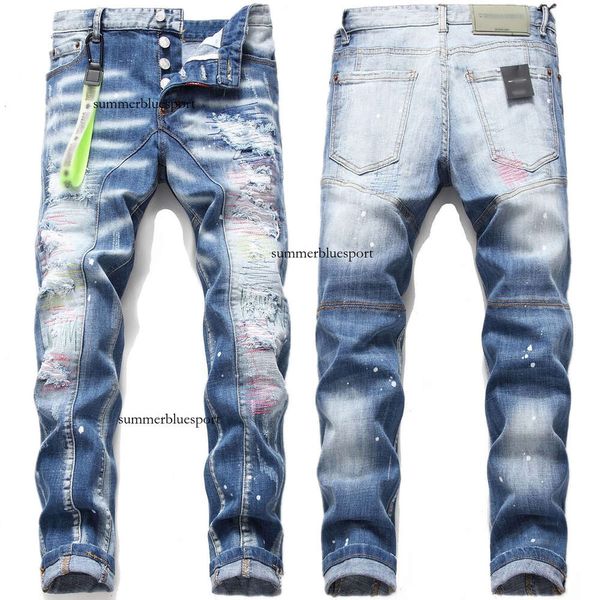 Neue enge Jeans für Herren mit kleinem Fuß und perforiertem Patch, elastisch, blau, schmale Passform, mittlere Taille, Bettlerhose