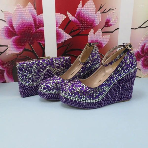 Sapatos de vestido chegada roxo multicolorido casamento nupcial para mulheres dedo do pé redondo salto alto cunhas bombas festa e bolsa conjunto