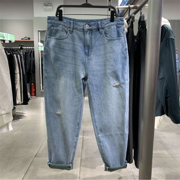 Elastische, schmal zulaufende Jeans für Herren, lockere, kleine Hose mit geradem Bein und Löchern, American Harlan Dad Pants B1HAE1141