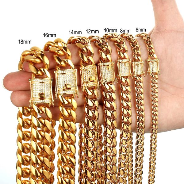 Ankunft 8mm-18mm Edelstahl Miami Curb Cuban Chain Armband Halskette für Frauen Männer Schmuck Casting Crystal Lock 240229