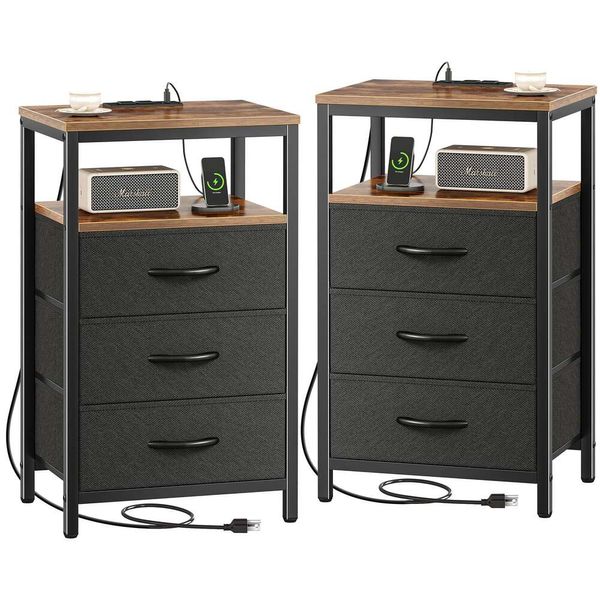 Набор из двух предметов Houger: зарядная станция длиной 27,6 дюйма (приблизительно 69,6 см), боковой ящик для ткани, стол с USB-разъемом, прикроватная тумбочка в спальне, коричневый и коричневый цвет.