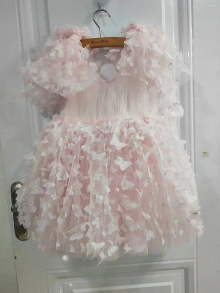 Kız Elbiseler Kızlar Üç Boyutlu Kelebek İnce V Yaka Elbise Omuz Yay Prenses 2024 Yaz Çocuk İplik Kıyafet Kıyafet Giysileri