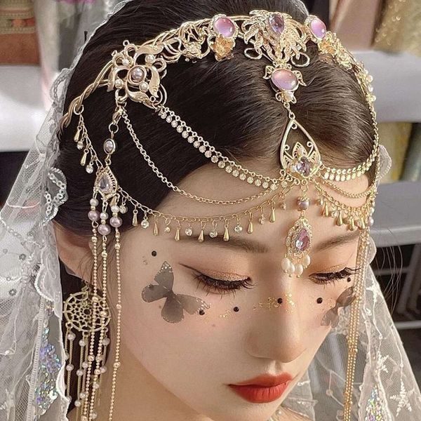 Perline di cristallo viola Catene lunghe Nappa Opale Corona Tiara Super Fata Sposa Copricapo da sposa Accessori per capelli per donne Ragazze