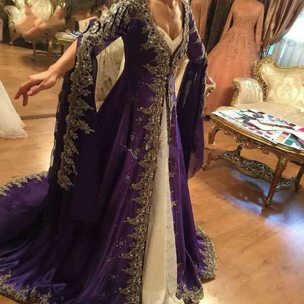 Elegante arabo Dubai abiti da sera viola maniche lunghe una linea marocchino caftano abiti da cerimonia formale appliques in pizzo fessura della Turchia abito da ballo in raso per le donne