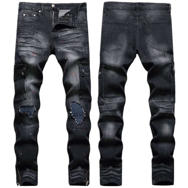 Jeans strappati al ginocchio da uomo, pantaloni elastici con vernice spray alla moda di High Street, pantaloni lunghi a gamba piccola pieghettati da moto slim fit