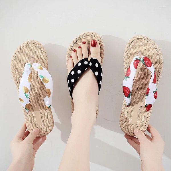 Chinelos de praia flip flops para mulheres casa linho linho slides sandálias planas sapatos indoor antiderrapante abacaxi morango