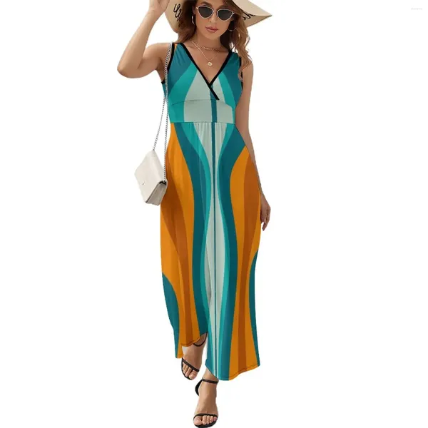 Vestidos casuais ampulheta abstrata meados do século moderno padrão em laranja ferrugem aqua turquesa e cerceta vestido sem mangas noite feminina
