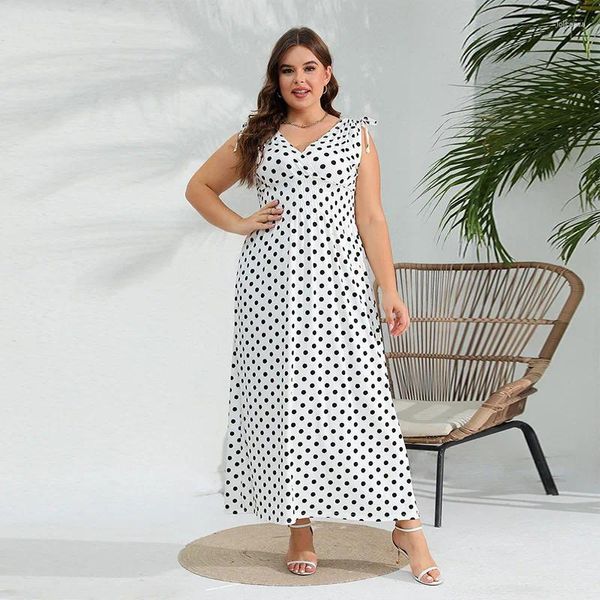 Plus size vestidos elegante vestido de bolinhas com decote em v listras cintura elástica halter longo moda casual grande sem mangas