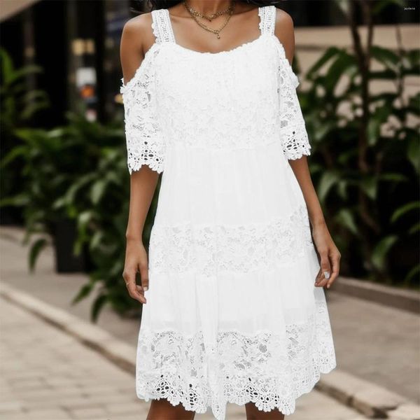 Vestidos casuais verão elegante branco vestido de ombro frio para mulheres vintage crochê bordado renda costura mini feminino meia manga