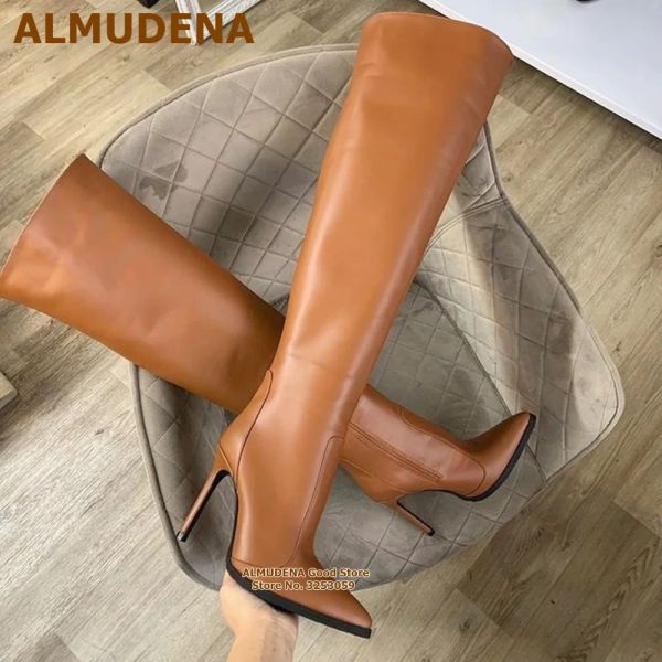 Stiefel Almudena braunes mattes Leder über den Kniestiefeln dünne High Heel Speced Toe Oberschenkel hohe Stiefel Reißverschluss schwarzer Kleidungsschuhe US14