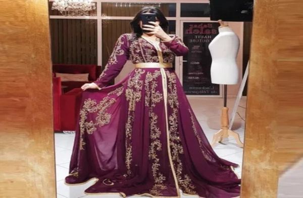 Elegante uva arábia saudita muçulmano vestidos de noite manga longa apliques renda dourada islâmica marroquino kaftan vestido formal baile part2350354