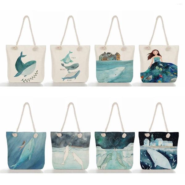 Bolsa de cordão de alta capacidade eco amigável saco de praia de linho bonito menina baleia mar série tote dos desenhos animados corda grossa ombro feminino