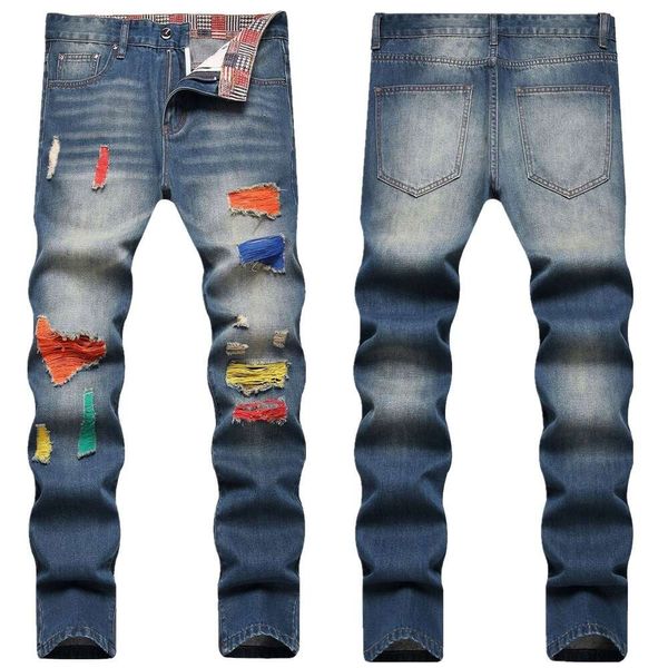 Pantaloni larghi da uomo 2023 invernali nuovi jeans blu effetto consumato gamba dritta coreana slim fit tendenza personalizzati