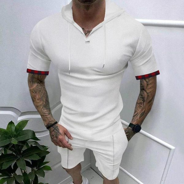 Tracksuits masculinos waffle hoodies duas peças ternos homens verão manga curta com capuz camiseta e shorts conjuntos casuais roupas de cor pura