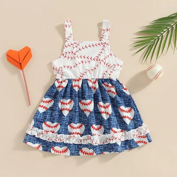 Mädchen Kleider Kleinkind Baby Baseball Outfit Ärmelloses Love Heart Print Plissee Kleid Sommer Mädchen Patchwork