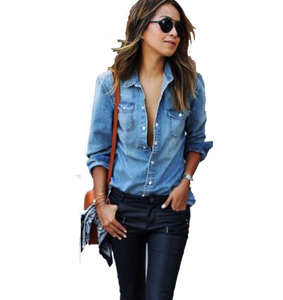 Novo 2017 Outono Mulher Camisa Jeans Estilo Moda Manga Comprida Camisas Casuais Mulheres 2 Cores Blusas Plus Size Blusa Jeans Feminina1294599