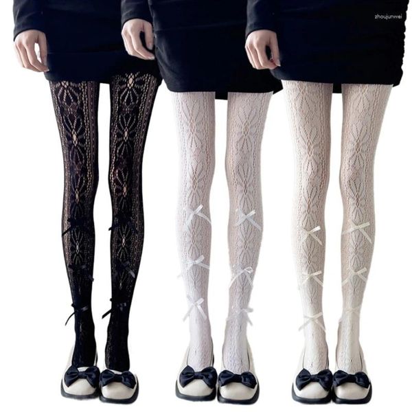 Kadın Çoraplar Yay Çiçek Desenli Balık Ağı Dantel Külotlu Köpek Çorapları