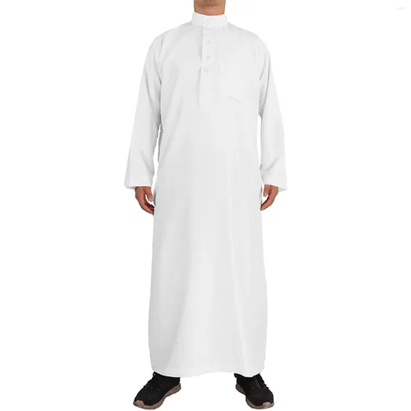 Abbigliamento etnico bianco maschio Jubba Thobe musulmano tinta unita abito caftano manica lunga islamico pakistano Dubai abiti di moda