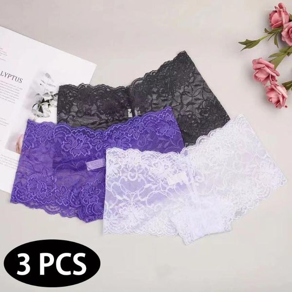 Calcinha feminina 3 pçs / set mulheres boxers rendas transparente sexy roupa interior respirável oco out floral boyshorts senhoras lingerie