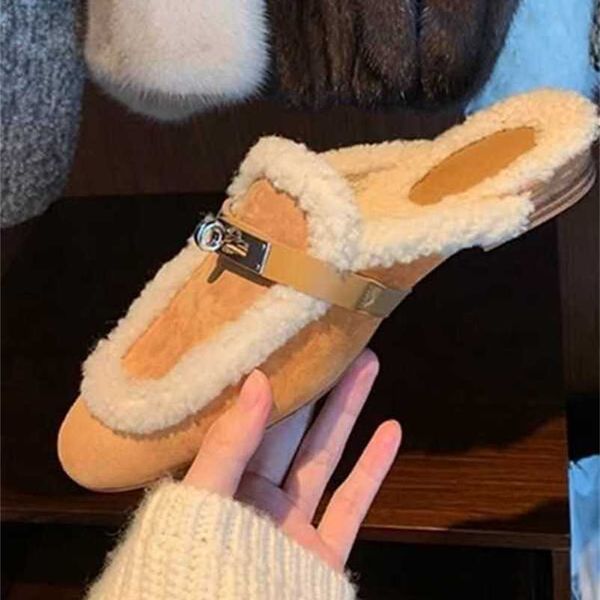 Oz Mules Scarpe Pelliccia Lana Vera Pelle Chiusura con fibbia capelli avvolti donna e inverno 2023 tacchi spessi un piede rimorchio pigro usura esterna