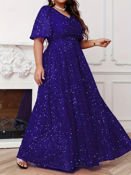 Vestidos de festa plus size decote em v manga curta grande balanço banquete casamento lantejoulas azul real vestido de noite 4xl 5xl brilhante longo