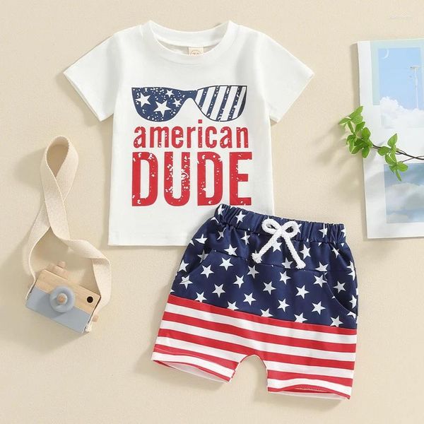 Conjuntos de roupas da criança bebê menino 4th of julho outfits em torno do pescoço manga curta carta impressão tops estrela shorts infantil independência dia conjunto
