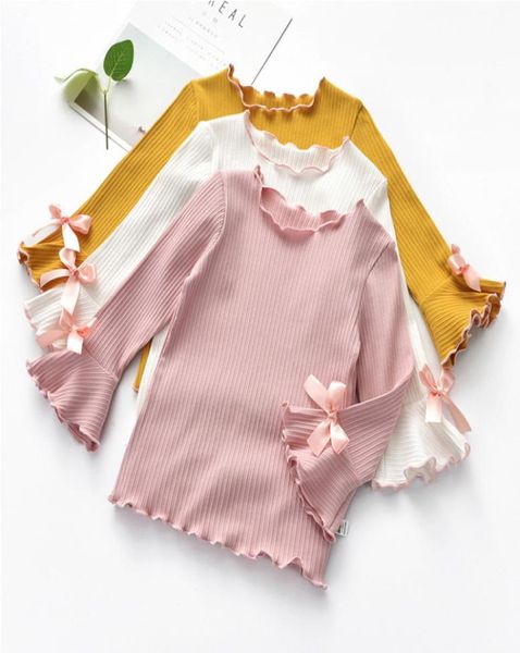 Neue Frühling Herbst Winter Mädchen Shirts Kinder Weiß Rosa Langarm Spitze Bogen Baby Mädchen Tops t-shirt Kleinkind Kinder kleidung Geschenke6882909