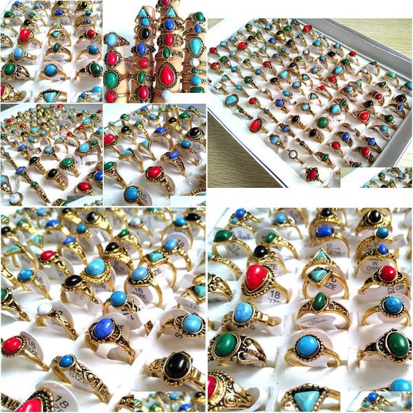 Anéis de banda 30 pcs atacado misturado turquesa feminino mulheres meninas legal moda única ouro vintage retro jóias entrega entrega ri dhgarden dhgp5