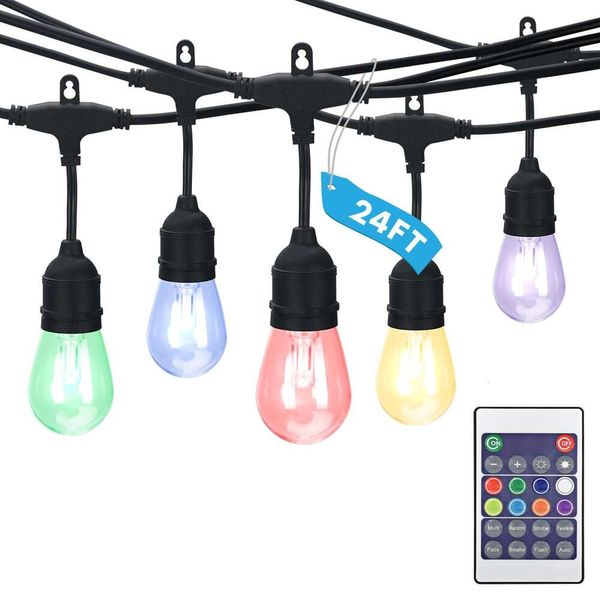 LUXRITE 24FT LED-RGBW-Außenlichterkette mit Fernbedienung, Farbwechsel, Café-Lichterkette, handelsübliche Wasserdichtigkeit, 12 bruchsichere Edison S14-Glühbirnen, IP65, dimmbar