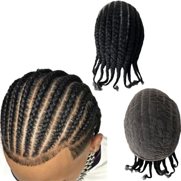 Парики Индийские девственные человеческие волосы Замена # 1 Черные афро-кукурузные косы 8x10 Полный кружевной парик для чернокожих мужчин